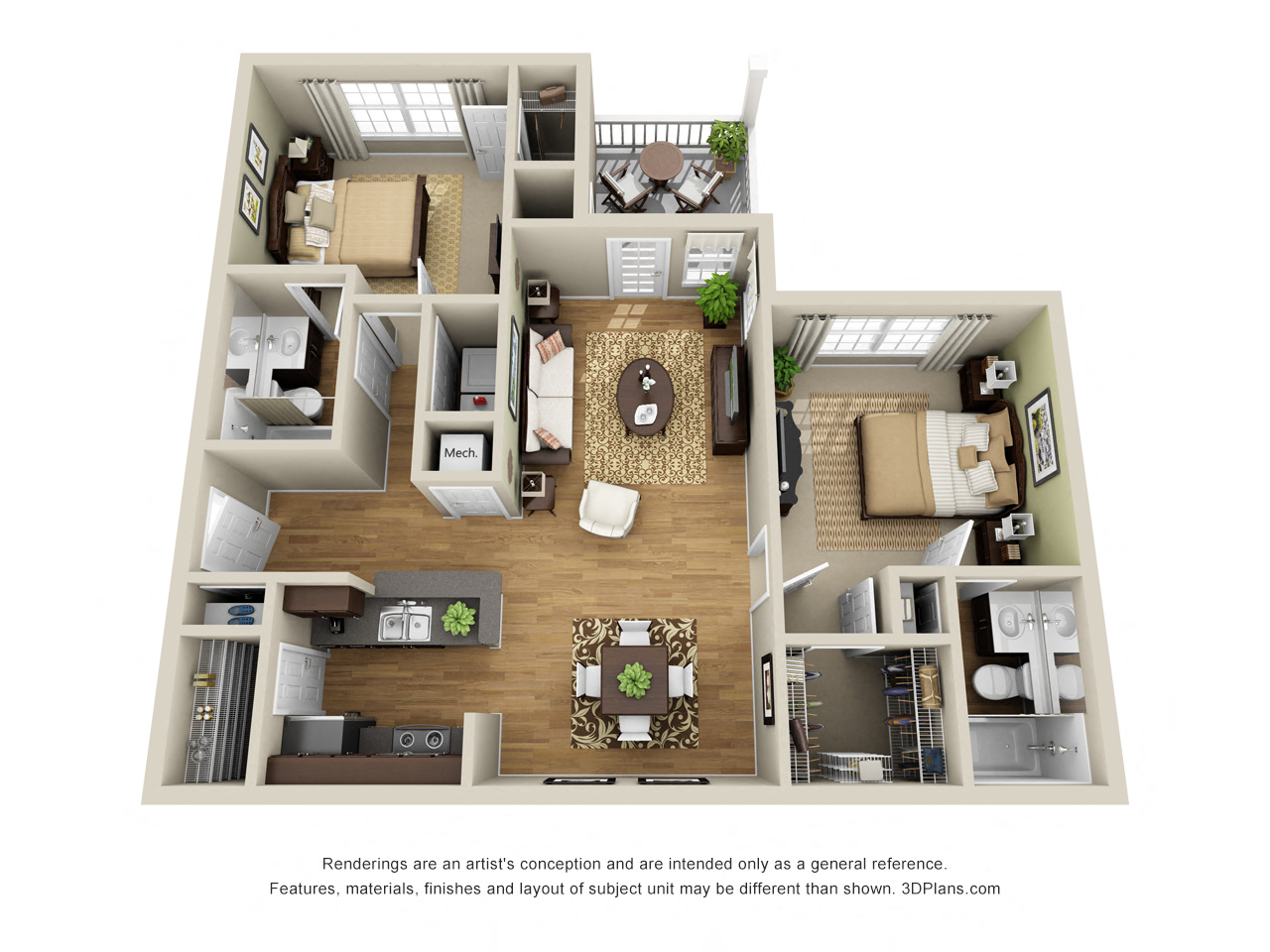 Floor plan for 2 beds, 2 baths, 980 sqft